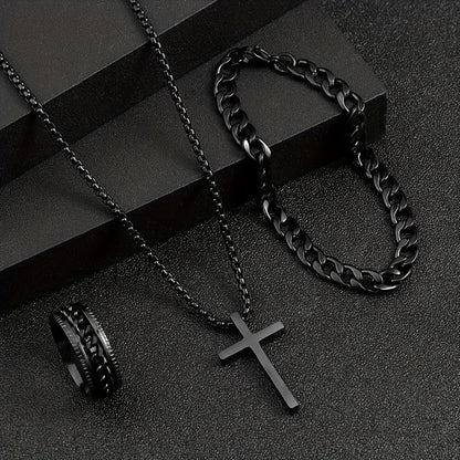 3pcs Stylish Versatile Dark Series Stainless Steel Cross Jewelry Set