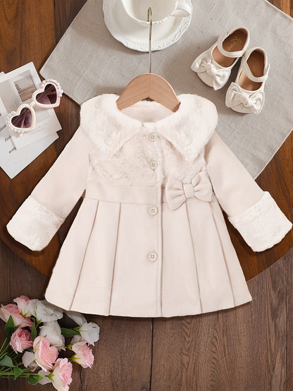 Girls' Valentine's Day Outfit, Girls' Autumn/Winter Irregular Plush Lapel Blend Bow Button Cardigan Coat, Suitable for Outings, Gifting, Back-to-School Season Apparel, Back-to-School Outfits, Back-to-School Small Gifts, Girls' Birthday Gift
