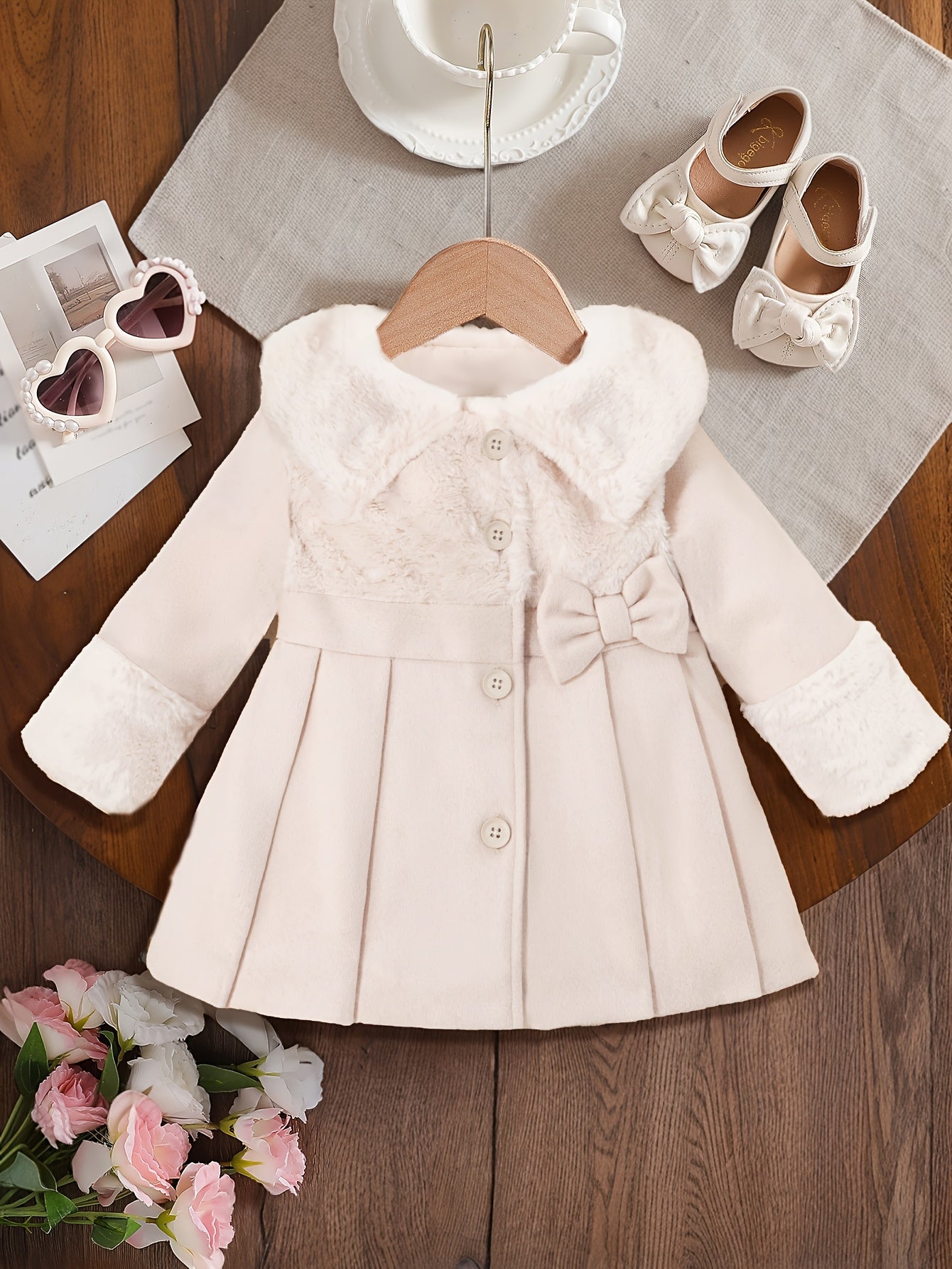 Girls' Valentine's Day Outfit, Girls' Autumn/Winter Irregular Plush Lapel Blend Bow Button Cardigan Coat, Suitable for Outings, Gifting, Back-to-School Season Apparel, Back-to-School Outfits, Back-to-School Small Gifts, Girls' Birthday Gift