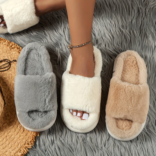 [Warm Fuzzy Slippers] Cozy Fluffy Faux Furry Slippers Suitable for – Warm Soft House Shoes with Open-Toe Platform, Cushioned PVC Sole & Fuzzy Covering, Women Shoes