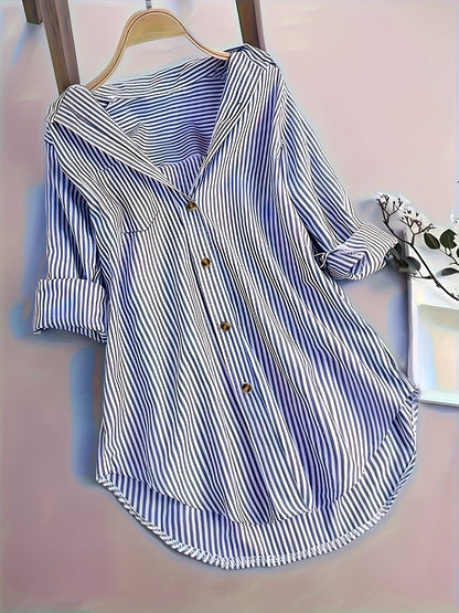 Elegant Striped Shirt for Women, Stylish Long-Sleeve Blouse with a Collar And Pockets