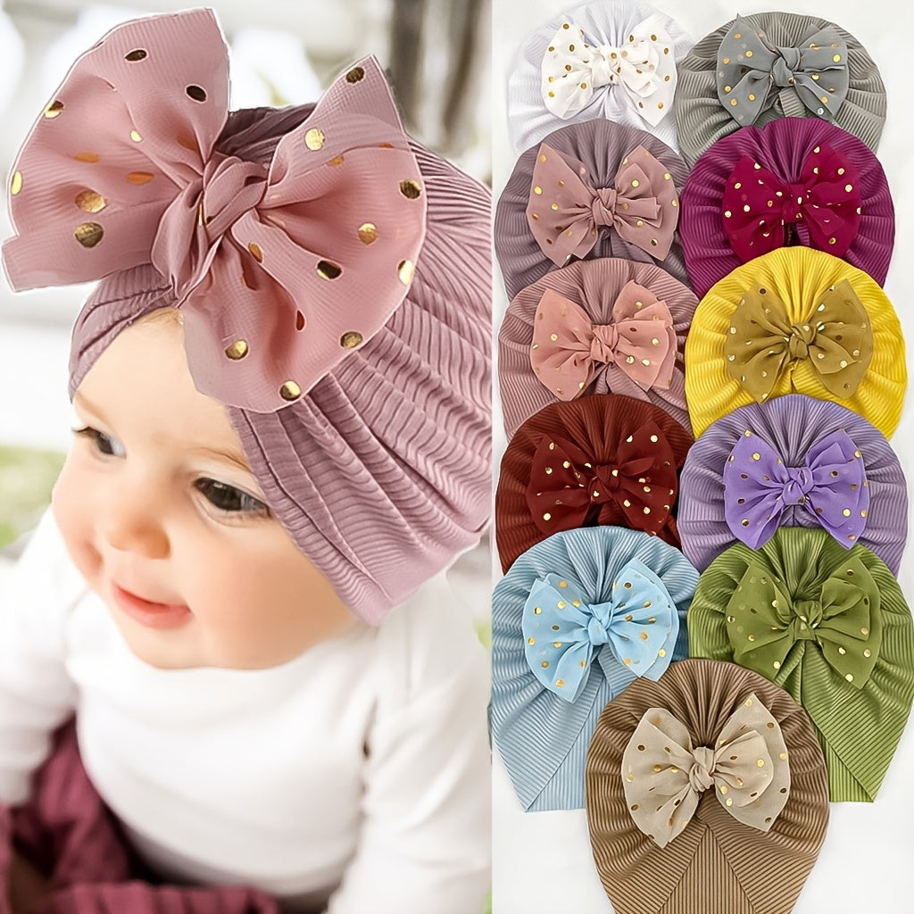 Newborn Infant Polka Dot Printed Bow Elastic Head Wrap, Turban Headwear Cap For Toddlers, Baby Girls And Boys