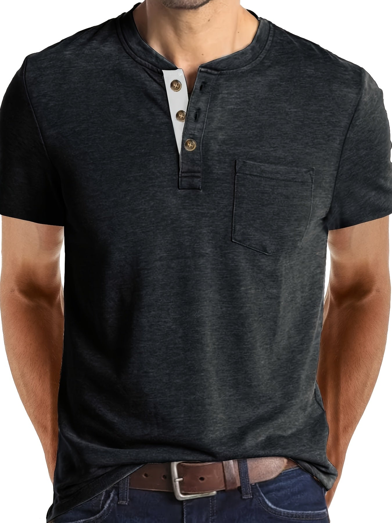 Men's Summer Casual Short Sleeve T-Shirt - Breathable Blend Round Neck Henley-Style Button Front, Semi-Sheer Fabric, Machine Washable Regular Fit for Outdoor & Casual Attire, Relaxed Style, Buttonfront Design, Easy Care, Buttonup Shirt, Warm Weather