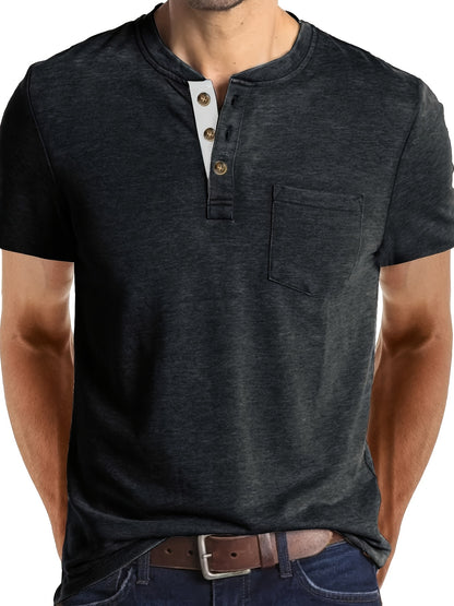 Men's Summer Casual Short Sleeve T-Shirt - Breathable Blend Round Neck Henley-Style Button Front, Semi-Sheer Fabric, Machine Washable Regular Fit for Outdoor & Casual Attire, Relaxed Style, Buttonfront Design, Easy Care, Buttonup Shirt, Warm Weather