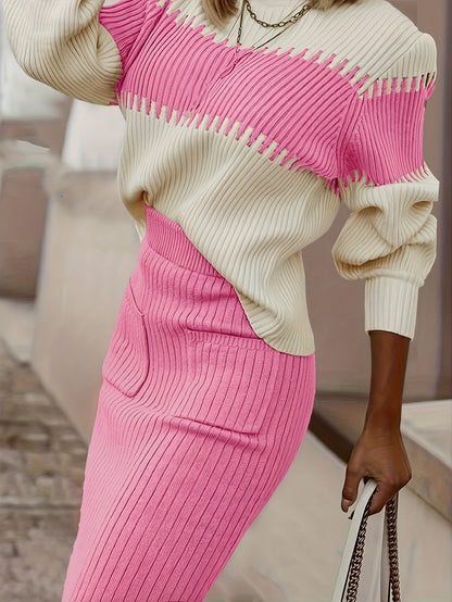 High Neck Pullover Skirt Split Two-Piece Color Block Contrast Thick Long Sleeve Sweater Set, Winter Wardrobe, Elegant Style, Color Block Design, Thick Fabric, Pullover Top, Long Sleeve Skirt, Women'S Fashion, Office Wear
