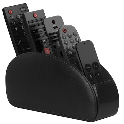 [5 Compartment Remote Holder] 5 Compartment Remote Control Holder, Black Faux Leather Remote Caddy | for TV, DVD, Blu-Ray, Media Player, and Heater Control, Independent Storage, Desk & Drawer Organizer for Home Storage
