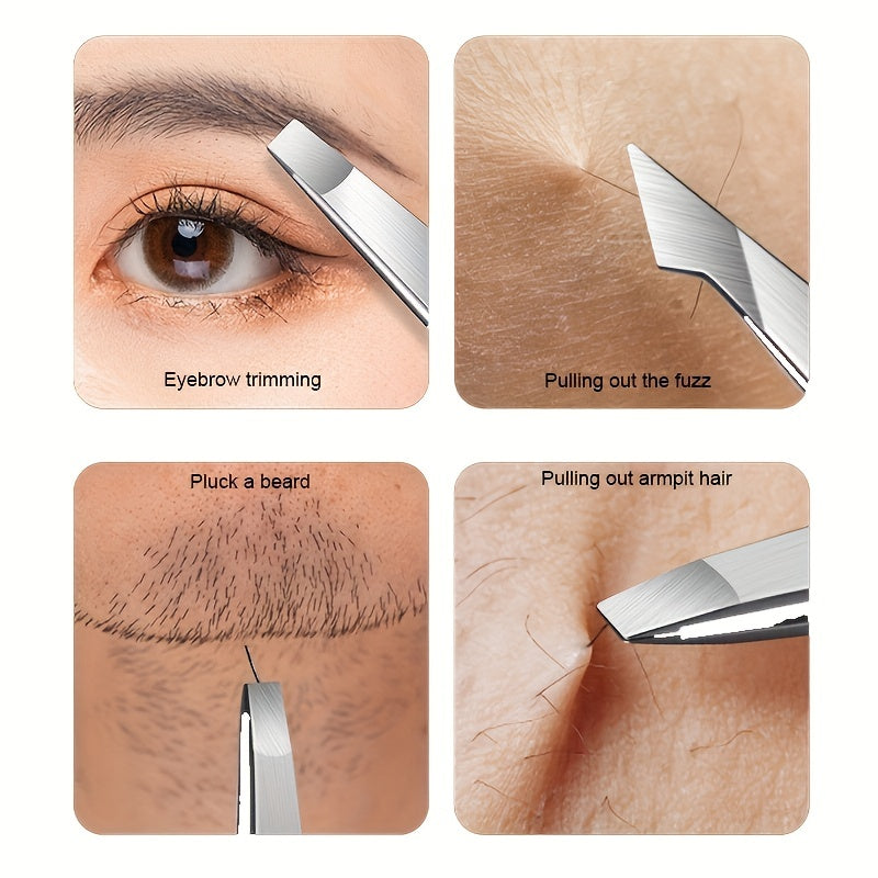4pcs Stainless Steel Tweezers Set Eyebrow Splinter & Ingrown Hair Removal Tools with Storage Bag for Men & Women Eyebrow Grooming Tools