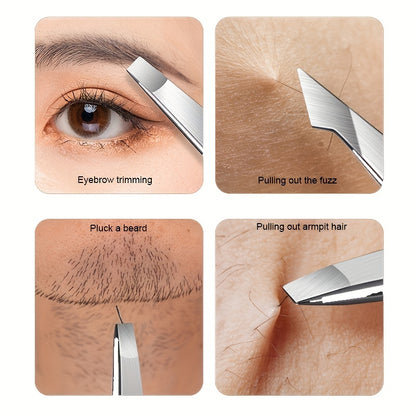 4pcs Stainless Steel Tweezers Set Eyebrow Splinter & Ingrown Hair Removal Tools with Storage Bag for Men & Women Eyebrow Grooming Tools