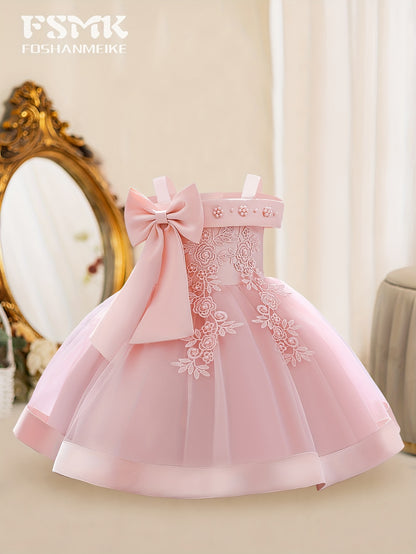 New Children'S First Birthday Baptism Dress Princess Dress Baby Girl Mesh Tutu Skirt Bow Dress Party Dress Off-The-Shoulder Embroidered Dress 1
