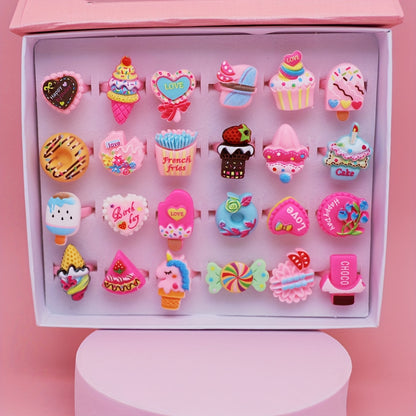 10 Colorful Cartoon Rings for Kids, Party Gifts Featuring Sweet Donut Ice Cream Rings, Sent Randomly (No Box Included)