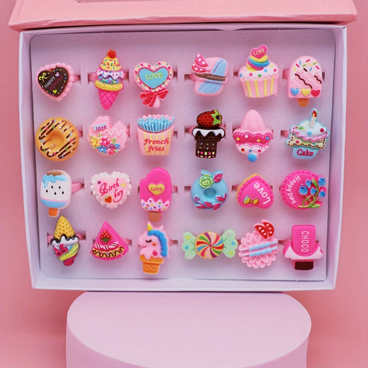 10 Colorful Cartoon Rings for Kids, Party Gifts Featuring Sweet Donut Ice Cream Rings, Sent Randomly (No Box Included)