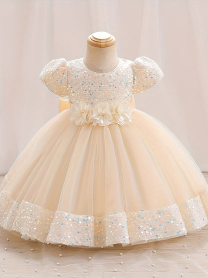 Sequined Children's Gown with Puffy Tulle Princess Dress for Baby Girl's First Birthday Party