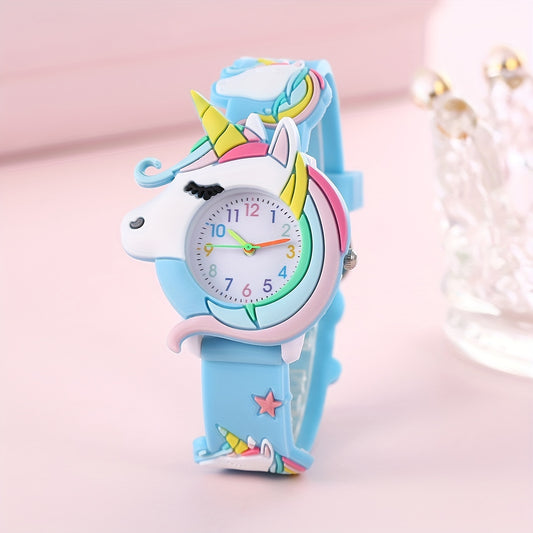 New Unicorn Cartoon Watch for Kids, Silicone, Quartz Movement, Non-Water Resistant, Battery Powered, Button Battery Included, Mixed Colors, Cute Design, Durable Strap