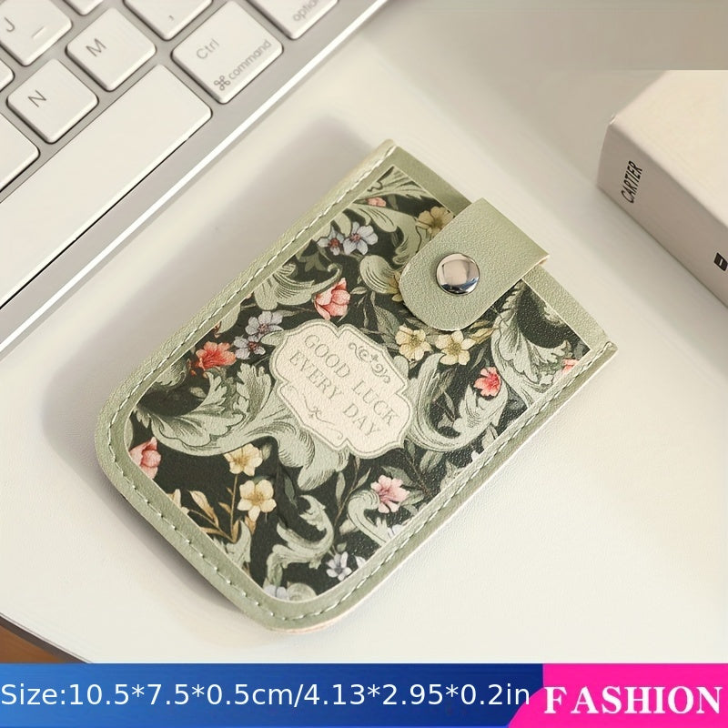 Vintage Floral Pattern Pull-Out Multi-Card Slot ID Holder, Large Capacity Compact Ultra-Thin Synthetic Leather Card Case with Snap Closure