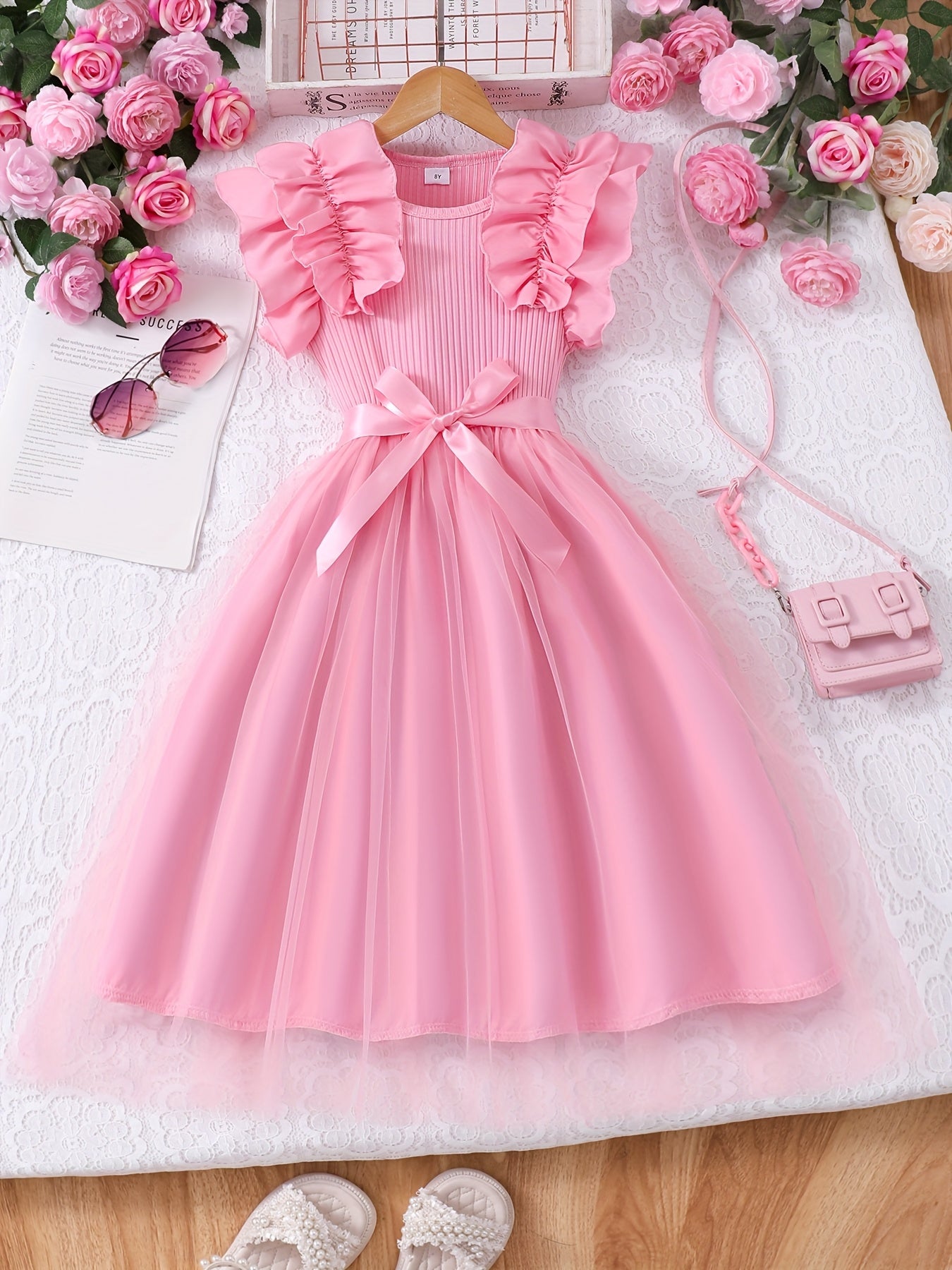 Big Sweet Style Dress, Summer Fashion Solid Color Comfortable Round Neck Mesh Casual Dress