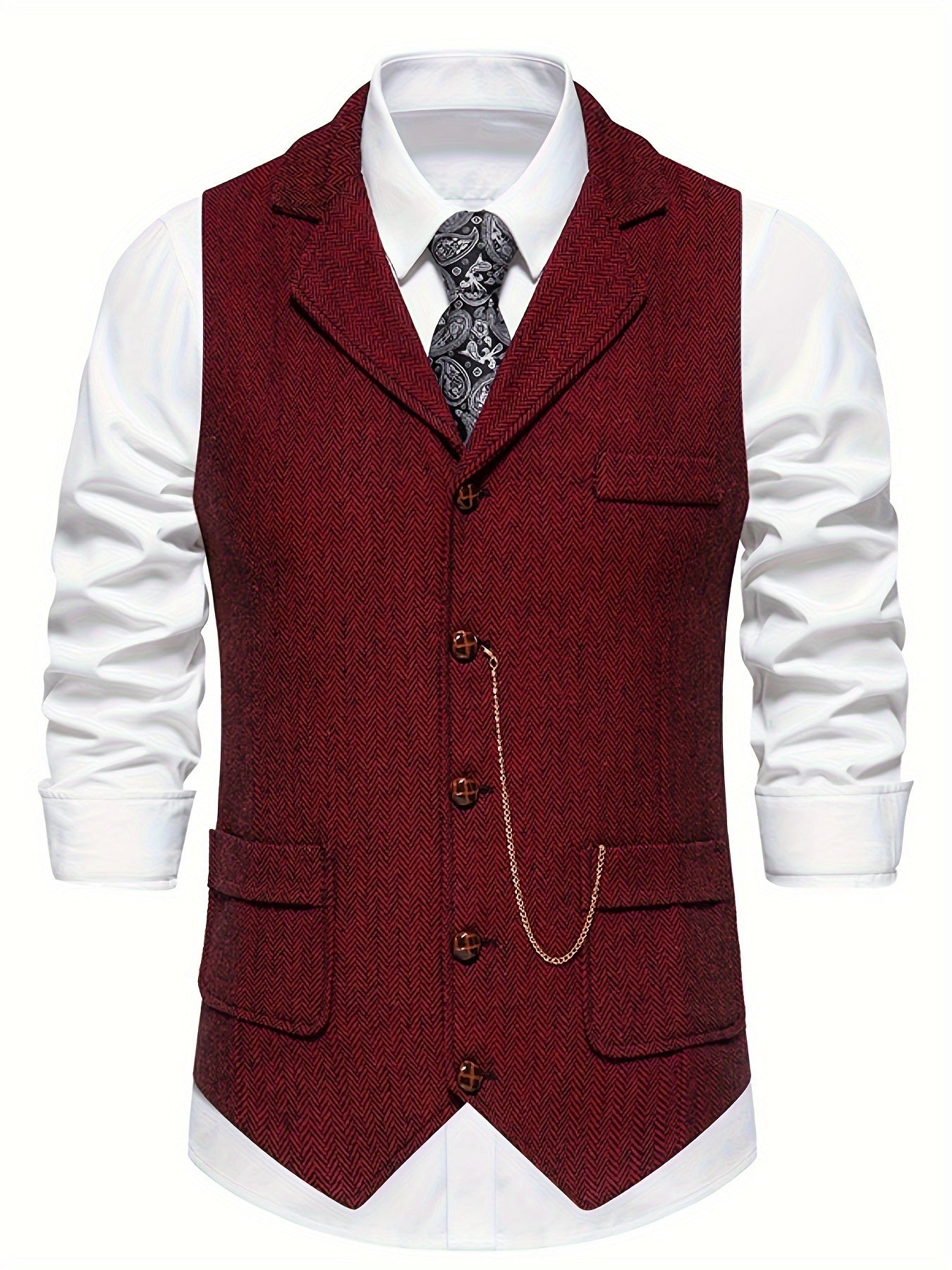 Men's Herringbone Tweed Single-Breasted Lapel Vest with Chain Detail - Stylish Brown Suit Vest for Business or Formal Occasions, Machine Washable, Stylish Layering Piece | Notched Lapel Design | Polyester Vest