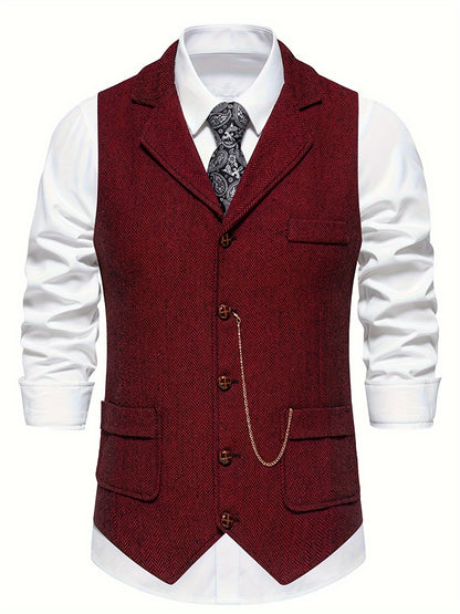 Men's Herringbone Tweed Single-Breasted Lapel Vest with Chain Detail - Stylish Brown Suit Vest for Business or Formal Occasions, Machine Washable, Stylish Layering Piece | Notched Lapel Design | Polyester Vest