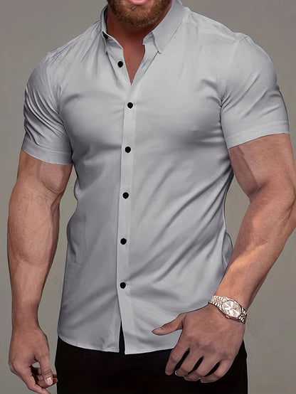 Muscle Man Fitness Short Sleeve Lapel Shirt | Non-Stretch, Solid Color, Button Detail, Summer Business Casual Non-Iron Shirt