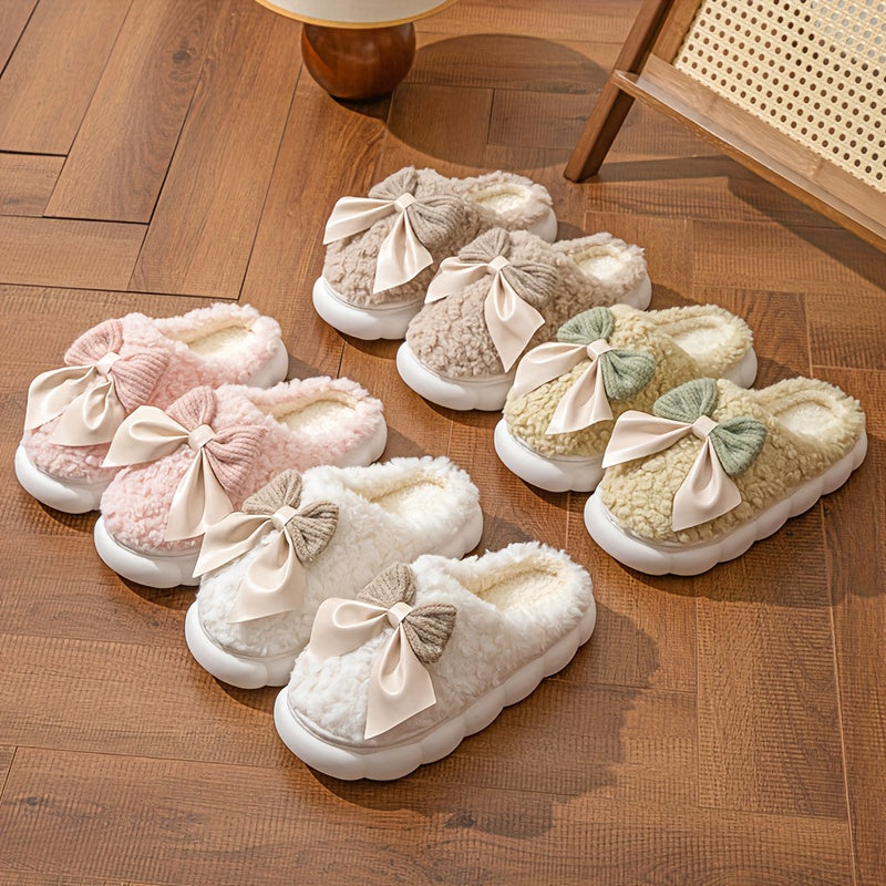 Women'S Cozy Fleece Slippers with Bow Detail - Thick Warm Indoor House Shoes, Soft Fabric Upper & PVC Sole, Cute Bow Design for Home Comfort, Winter Slippers | Playful Design | Plush Interior Lining, Women Slipper, Slipper For Woman, Maternity Slipper