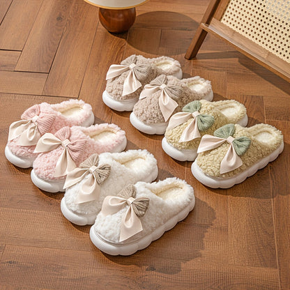 Women'S Cozy Fleece Slippers with Bow Detail - Thick Warm Indoor House Shoes, Soft Fabric Upper & PVC Sole, Cute Bow Design for Home Comfort, Winter Slippers | Playful Design | Plush Interior Lining, Women Slipper, Slipper For Woman, Maternity Slipper