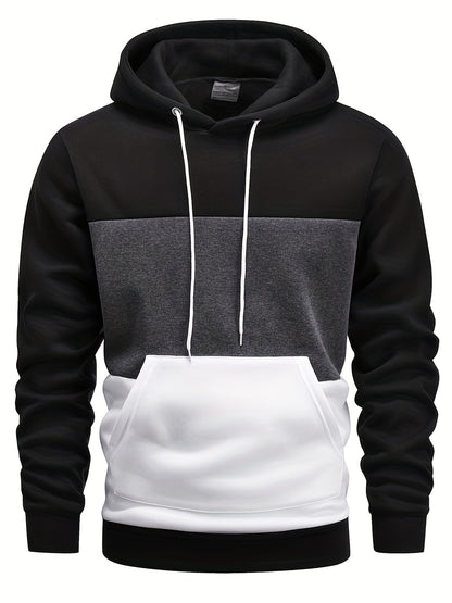 Men's Color Block Hoodie - Casual Pullover with Kangaroo Pocket, Long Sleeve, Machine Washable