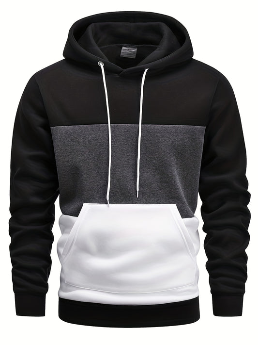 Men's Color Block Hoodie - Casual Pullover with Kangaroo Pocket, Long Sleeve, Machine Washable