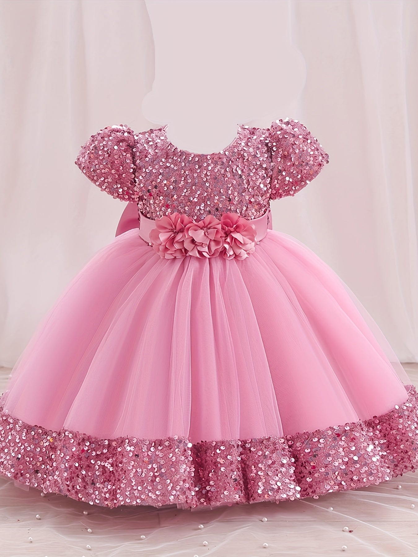 Sequined Children's Gown with Puffy Tulle Princess Dress for Baby Girl's First Birthday Party
