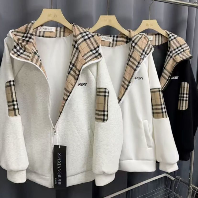 2025 Spring and Autumn Zipper Classic Jacket Sweater Men's and Women's Same Splicing Casual Plaid
