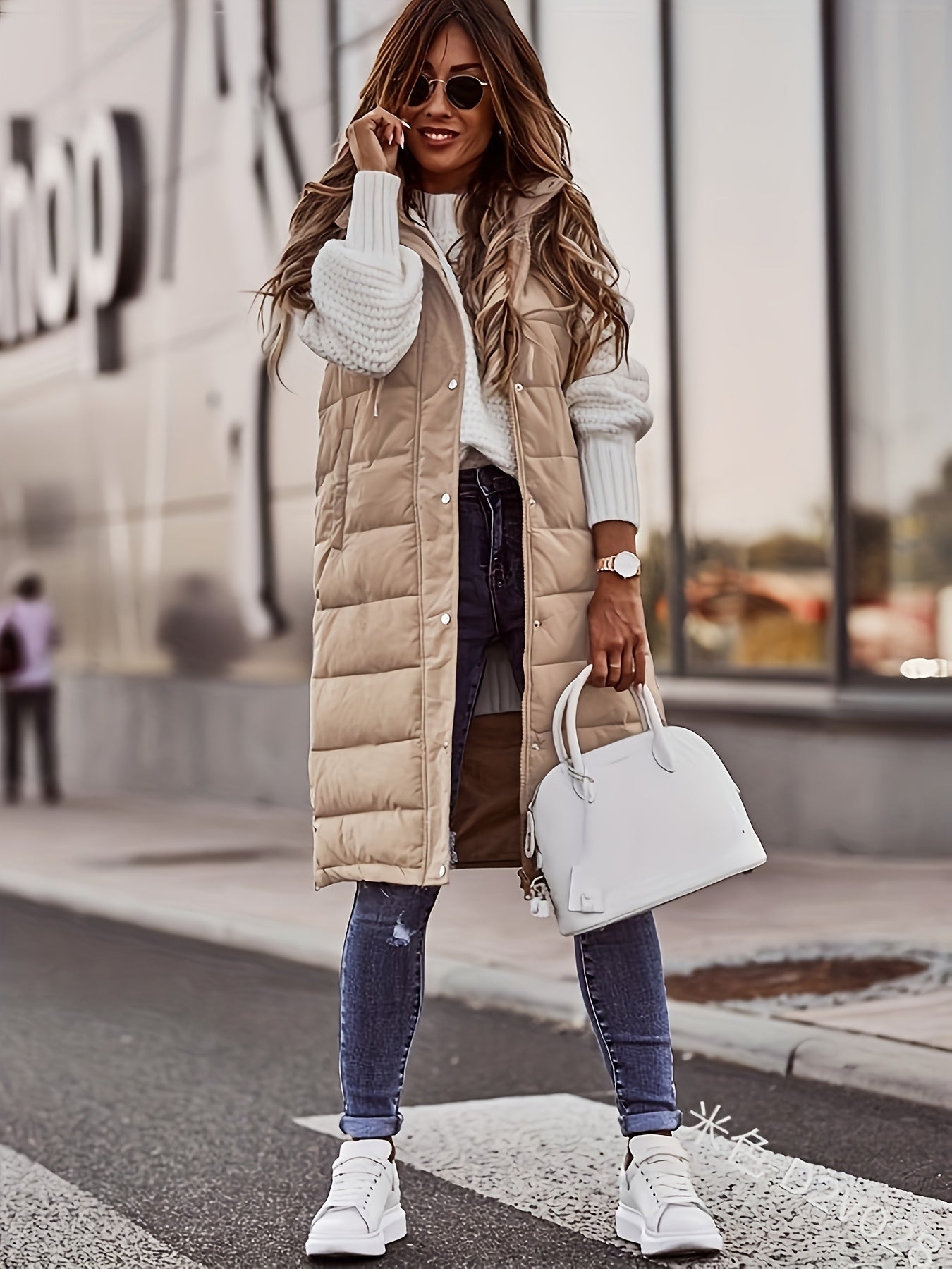 Solid Color Single-Breasted Long Padded Hooded Coat, Slim Fit Elegant Cardigan, Warm Pocket Vest