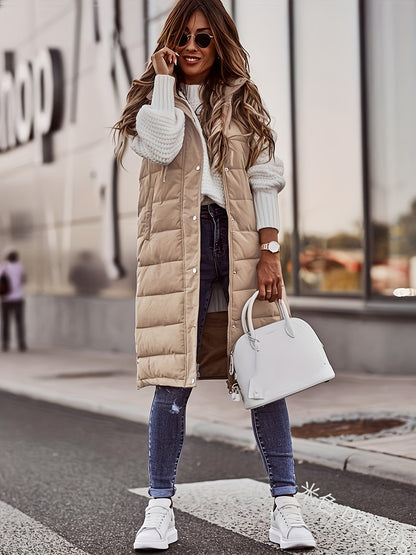 Solid Color Single-Breasted Long Padded Hooded Coat, Slim Fit Elegant Cardigan, Warm Pocket Vest