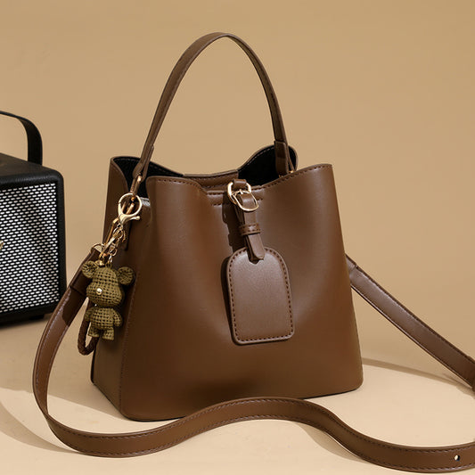 [Bucket Handbag] Women's Beige & Brown Bucket Handbag with Ic Closure - Adjustable Crossbody/Shoulder Strap, Woven Bear Charm & Label - Multi-Compartment Handbag Suitable for Daily Use, Casual & Professional - Handbag
