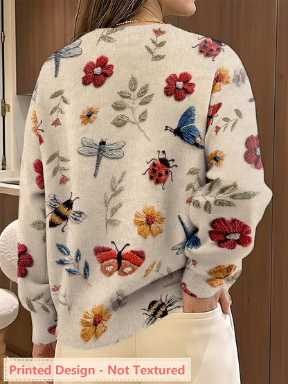 Lightweight Women'S Sweater with a Round Neck And Long Sleeves, Featuring an All-Over Insect Print Design