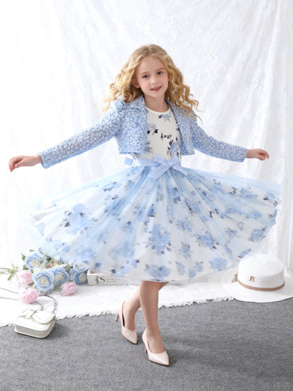Girls' Autumn 2pcs Set: V-Neck Floral Print Long-Sleeve Outer Jacket and Rose Print Vest Dress with Spliced Mesh, Belt Included. A Stylish and Versatile Choice, Perfect for Daily Casual Wear, Outdoor Outings, Gatherings, Parties, and Other Special