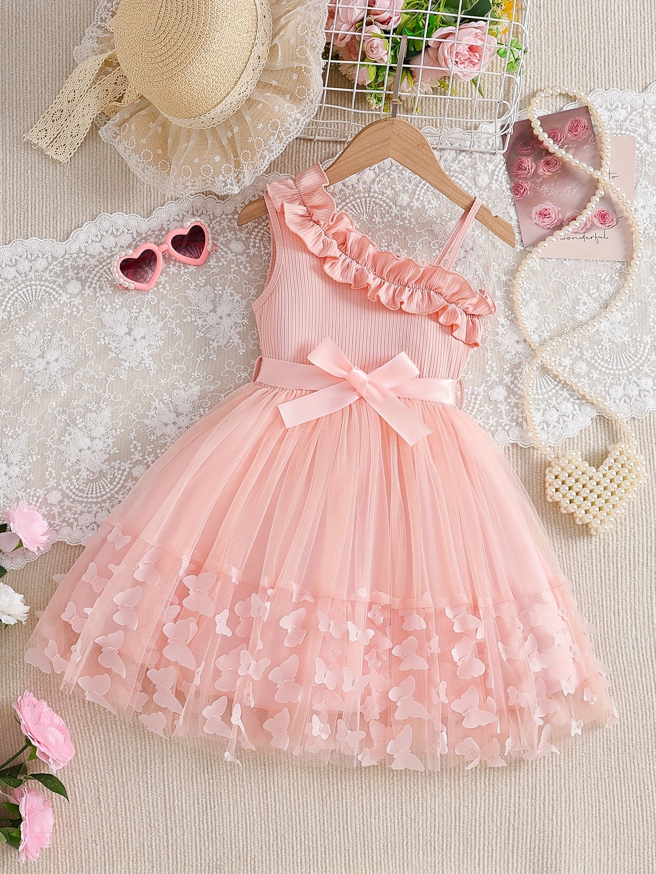 COVIVIKY Girls' Summer Elegant Dress 3D Butterflies And Asymmetrical Ruffle Straps with Bow Party Princess Dress for Daily Casual And Formal Occasions