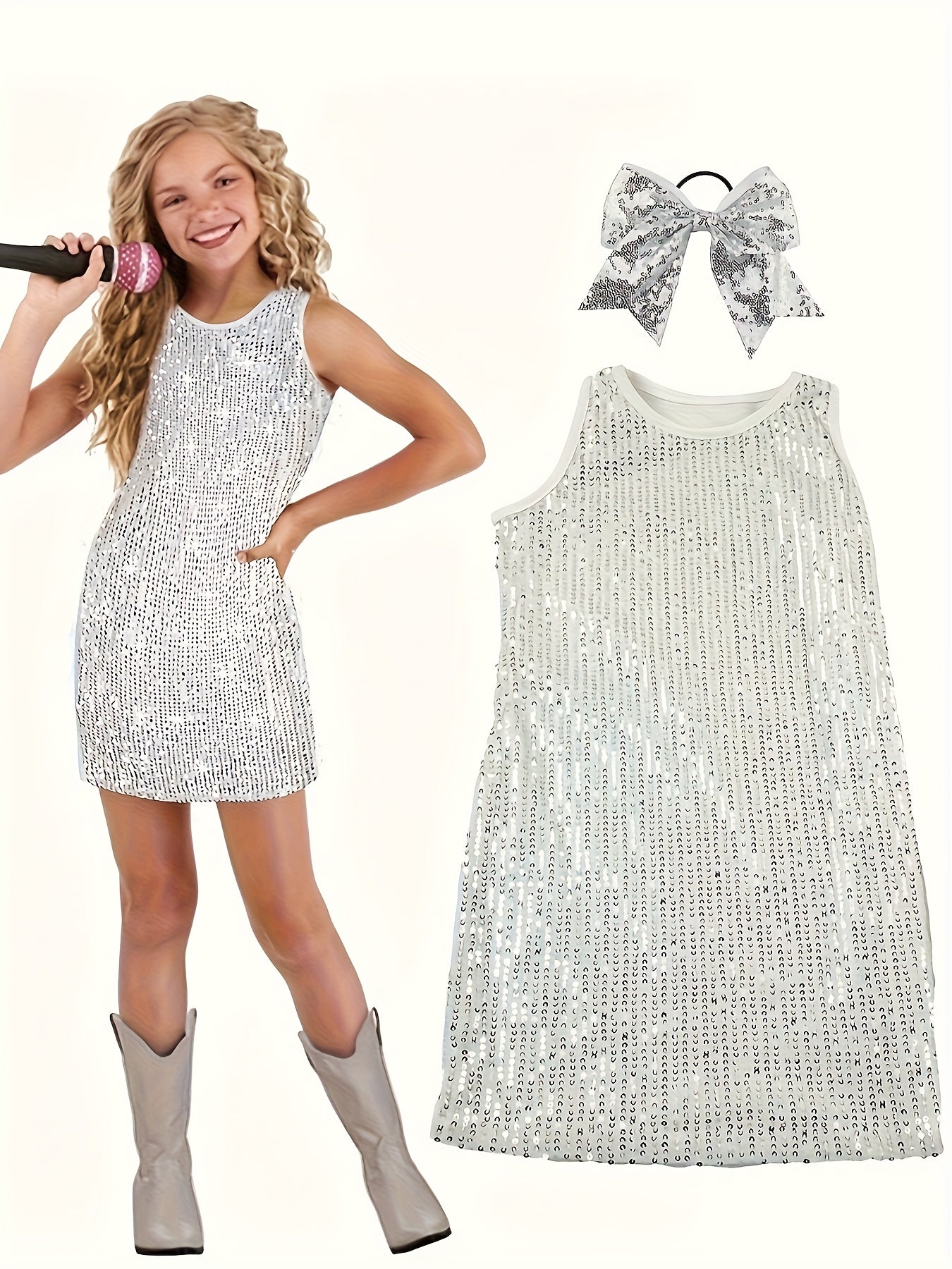 [2pcs Sparkly Sequin Dress] 2pcs/set Sparkly Sequin Sleeveless Dress for Girls | Fashionable Princess Party Gown with Hair Tie | 3-14Y (Dress + Headband)