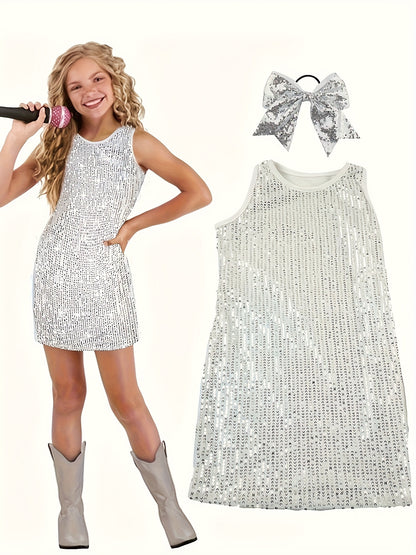 [2pcs Sparkly Sequin Dress] 2pcs/set Sparkly Sequin Sleeveless Dress for Girls | Fashionable Princess Party Gown with Hair Tie | 3-14Y (Dress + Headband)