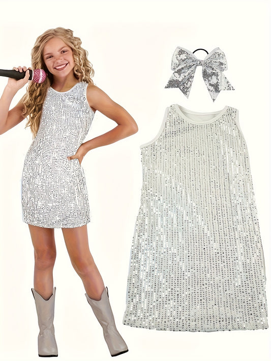 [2pcs Sparkly Sequin Dress] 2pcs/set Sparkly Sequin Sleeveless Dress for Girls | Fashionable Princess Party Gown with Hair Tie | 3-14Y (Dress + Headband)