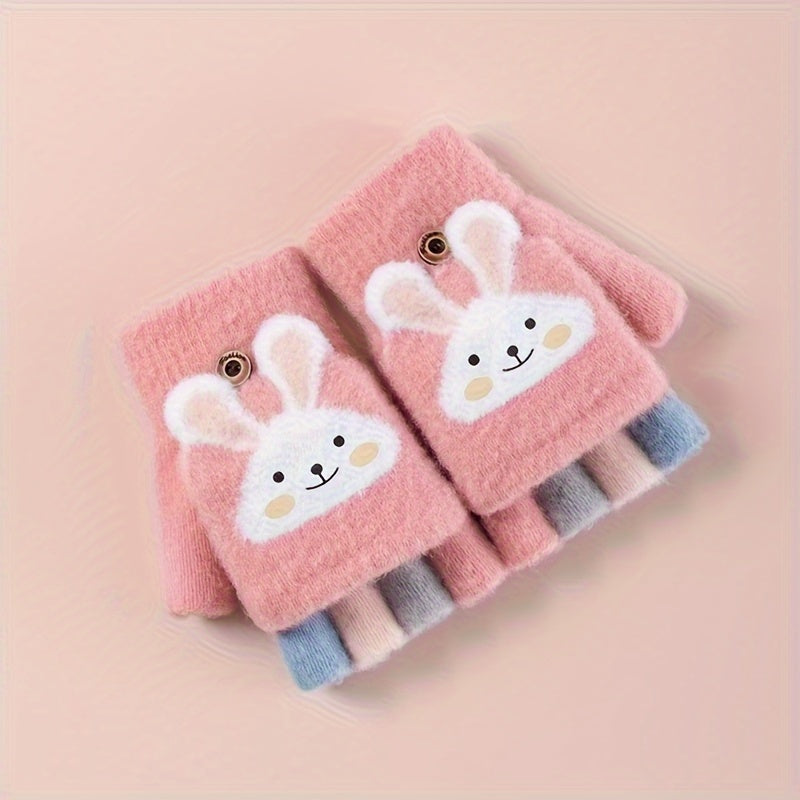 A Pair of Gloves, Thick Half-Finger Knitted Cartoon Warm Flip Gloves for Girls in Winter