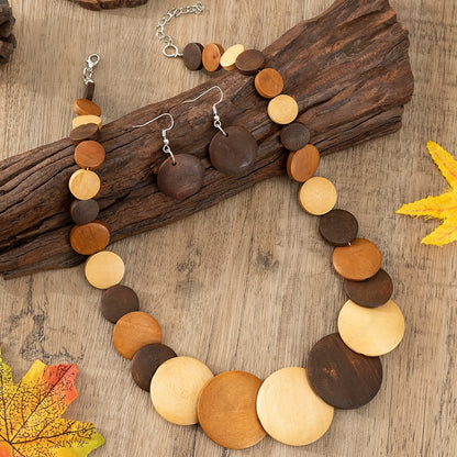 [Bohemian Jewelry] Colorful Bohemian Three-Piece Wooden Necklace and Earrings Jewelry Set for Women