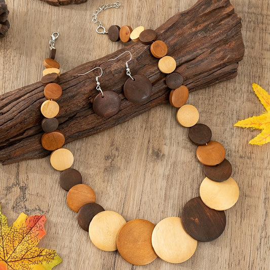 [Bohemian Jewelry] Colorful Bohemian Three-Piece Wooden Necklace and Earrings Jewelry Set for Women