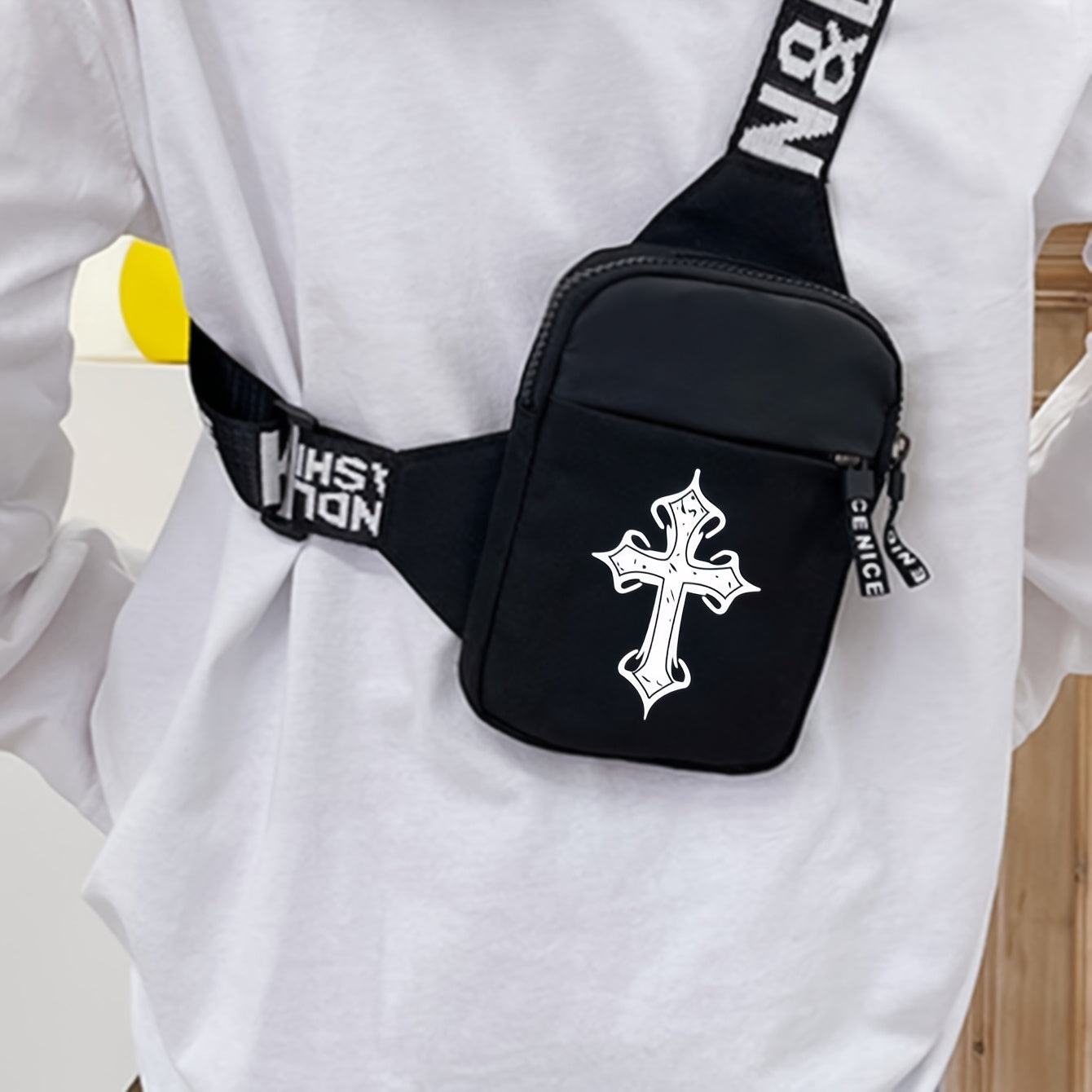 [Playful Crossbody Bag] Playful Design Men's Crossbody Bag with "Don't Touch My Bag" Cartoon Face Print | Adjustable Strap, Lightweight, Durable Zipper Closure - Perfect for Running, Cycling, Travel, Casual Outings
