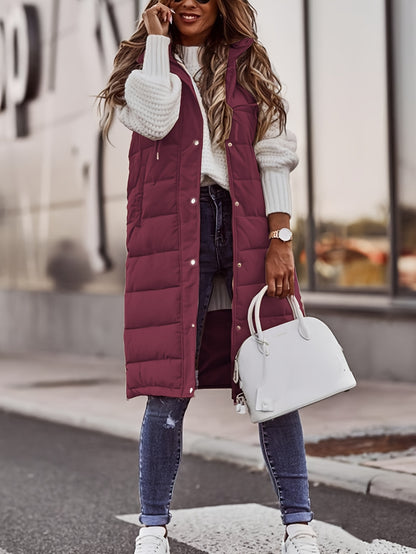 Solid Color Single-Breasted Long Padded Hooded Coat, Slim Fit Elegant Cardigan, Warm Pocket Vest