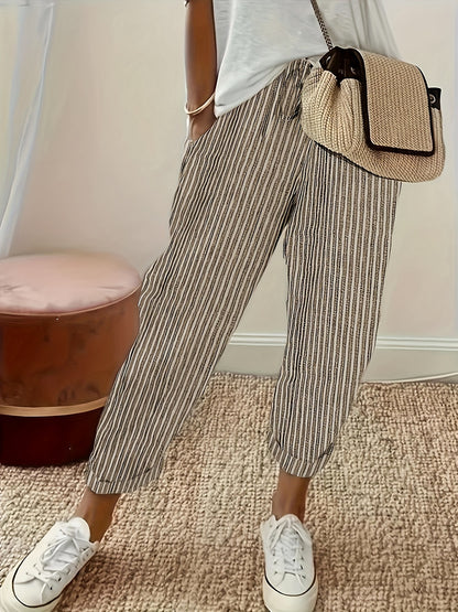 Women's Striped Wide-Leg Casual Pants - High-Waisted, Lightweight Polyester, Machine Washable, All-Season Comfort with Side Stripe Detail