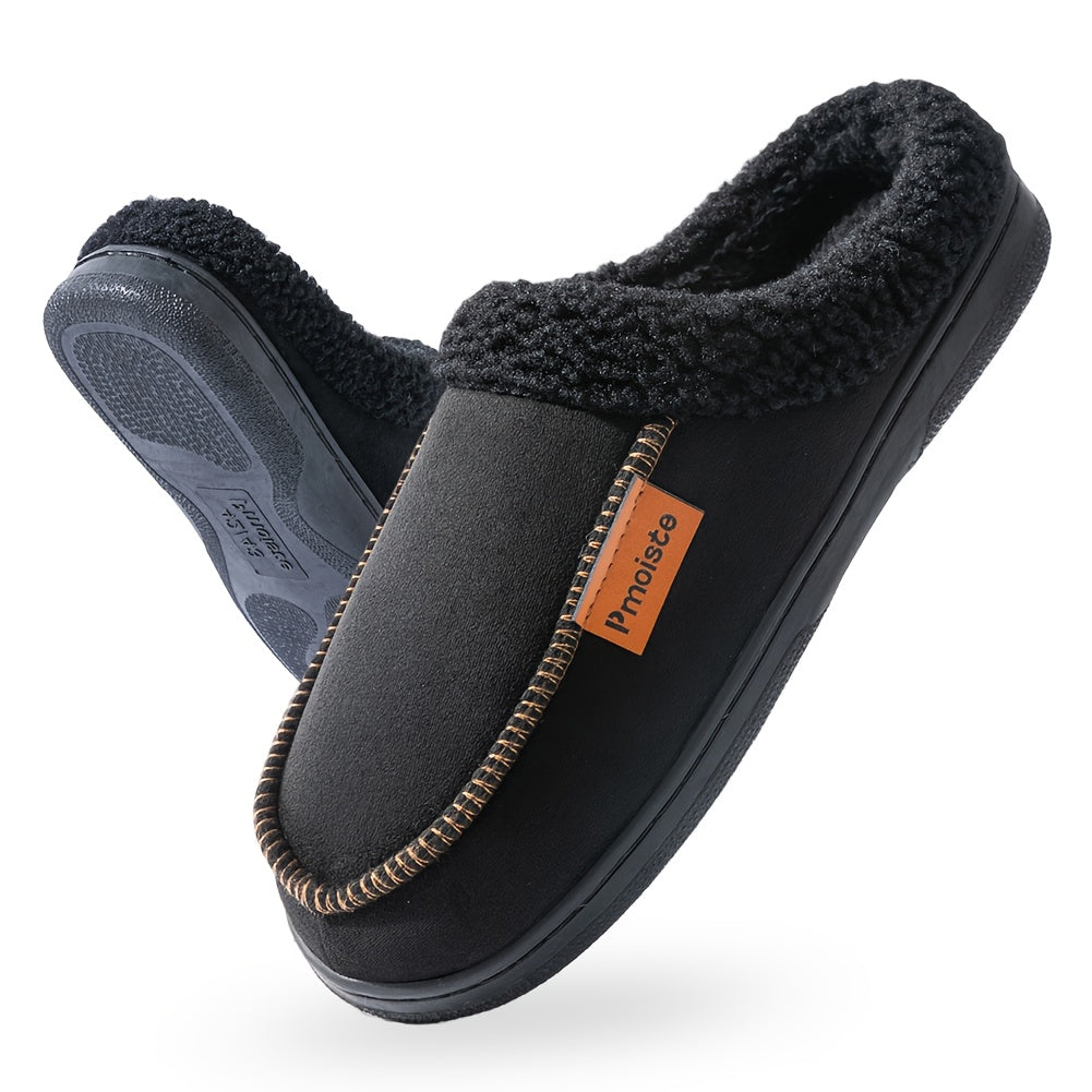 PMOISTE Men'S Plush Fuzzy Retro House Shoes - Winter Warm Indoor/Outdoor Slippers with Plush & TPR Sole, Slip-On Round Toe Design, Indoor Slippers, Indoor Footwear, Minimalist Style, Durable Footwear