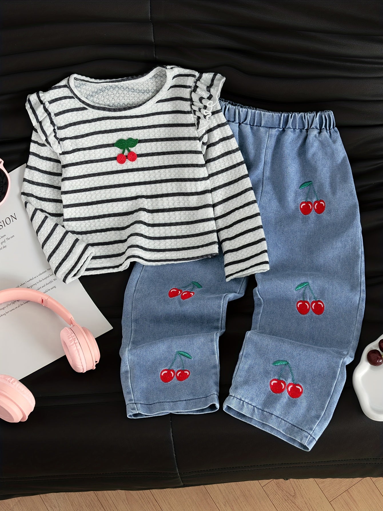 New Spring And Autumn Girls' Cute Ruffled Cherry Long-Sleeved Shirt/Cherry Embroidered Denim Long Pants Set 2pcs Set, for Outdoor