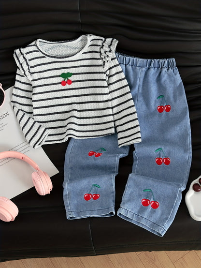 New Spring And Autumn Girls' Cute Ruffled Cherry Long-Sleeved Shirt/Cherry Embroidered Denim Long Pants Set 2pcs Set, for Outdoor