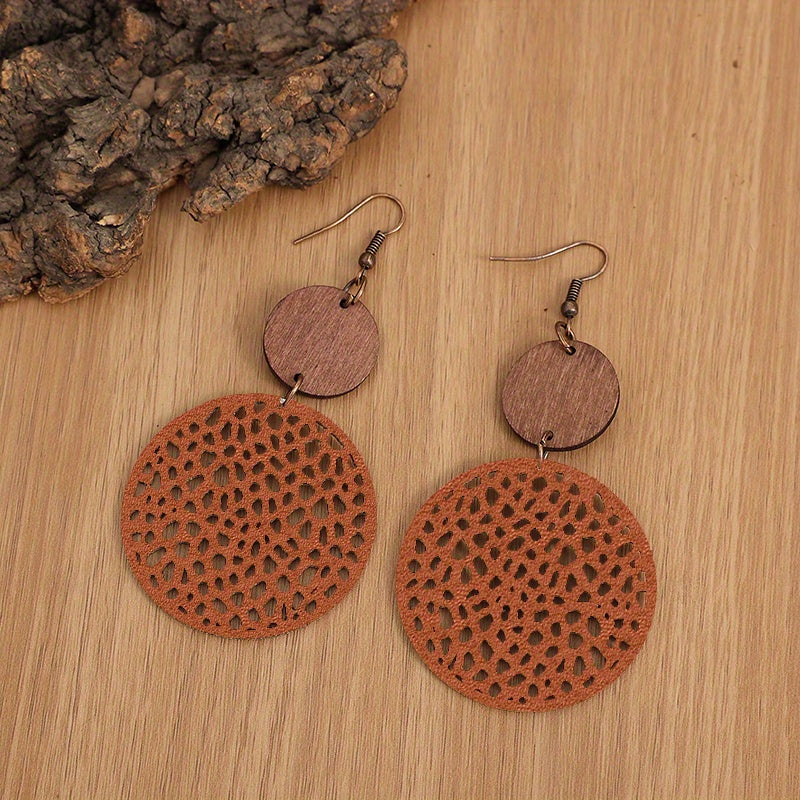 Bohemian Retro Wood Chip Round Hollow Faux Leather Earrings