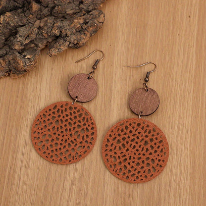 Bohemian Retro Wood Chip Round Hollow Faux Leather Earrings