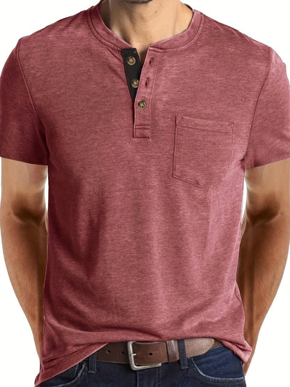Men's Summer Casual Short Sleeve T-Shirt - Breathable Blend Round Neck Henley-Style Button Front, Semi-Sheer Fabric, Machine Washable Regular Fit for Outdoor & Casual Attire, Relaxed Style, Buttonfront Design, Easy Care, Buttonup Shirt, Warm Weather