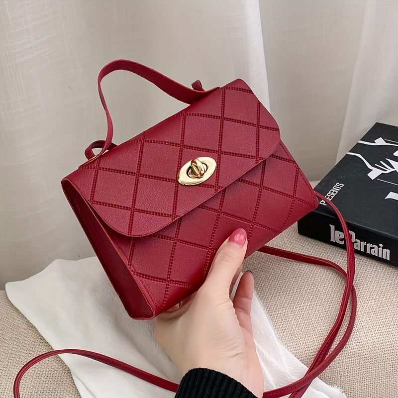 Women'S Stylish Crossbody Bag - a Chic Solid Color Shoulder Bag Featuring a Twist Lock Closure Design, Adjustable Strap with Golden Accents, Available in Patterns, And Comes in Black, Red, Pink, Brown